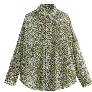 Zara Flowy Lightweight Green and White Abstract Print Long Sleeve Blouse‎